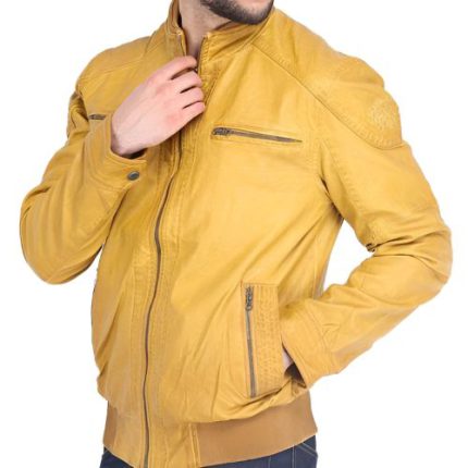 Mens Quilted Shoulder Yellow Leather Jacket