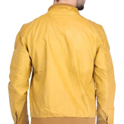 Mens Quilted Shoulder Yellow Leather Jacket