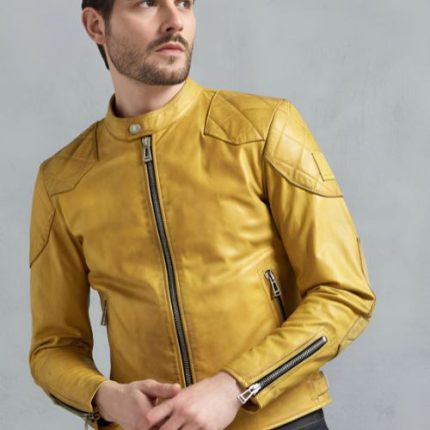 Mens Yellow Cafe Racer Leather Jacket