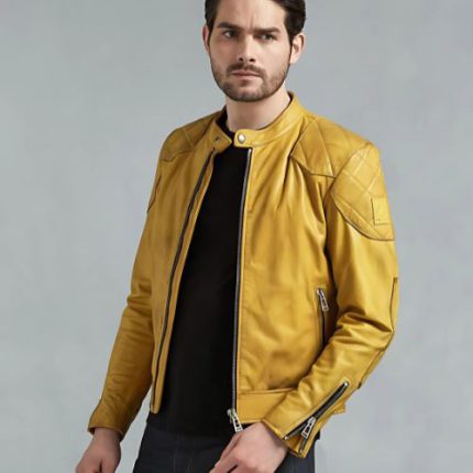 Mens Yellow Cafe Racer Leather Jacket